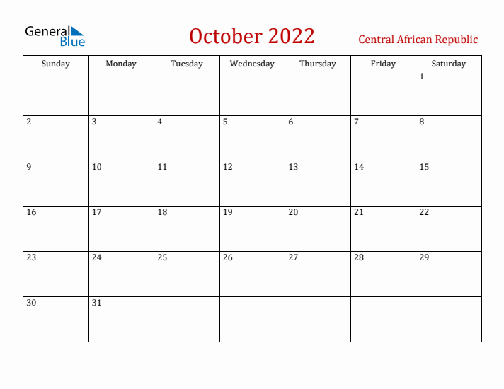 Central African Republic October 2022 Calendar - Sunday Start