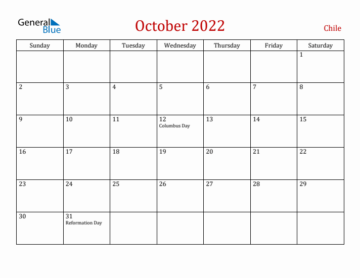 Chile October 2022 Calendar - Sunday Start