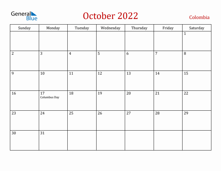 Colombia October 2022 Calendar - Sunday Start