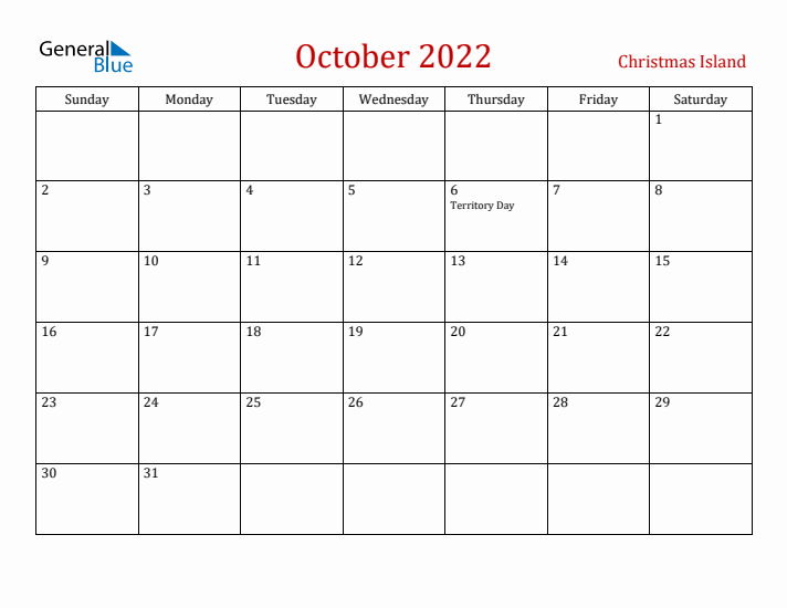 Christmas Island October 2022 Calendar - Sunday Start