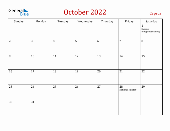 Cyprus October 2022 Calendar - Sunday Start