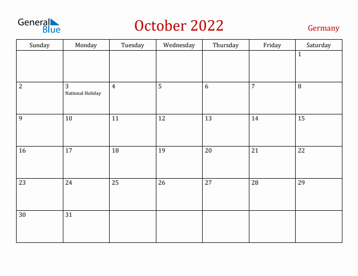Germany October 2022 Calendar - Sunday Start