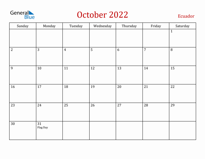 Ecuador October 2022 Calendar - Sunday Start