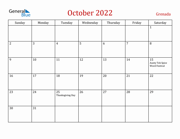 Grenada October 2022 Calendar - Sunday Start