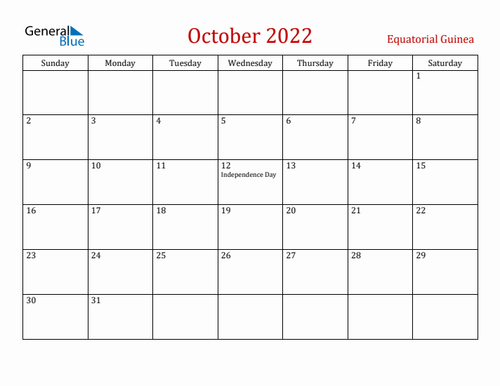 Equatorial Guinea October 2022 Calendar - Sunday Start