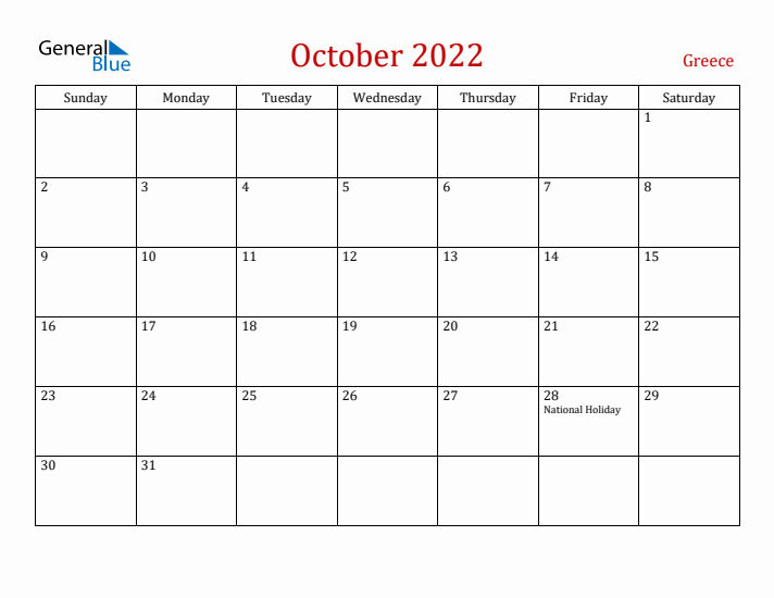 Greece October 2022 Calendar - Sunday Start