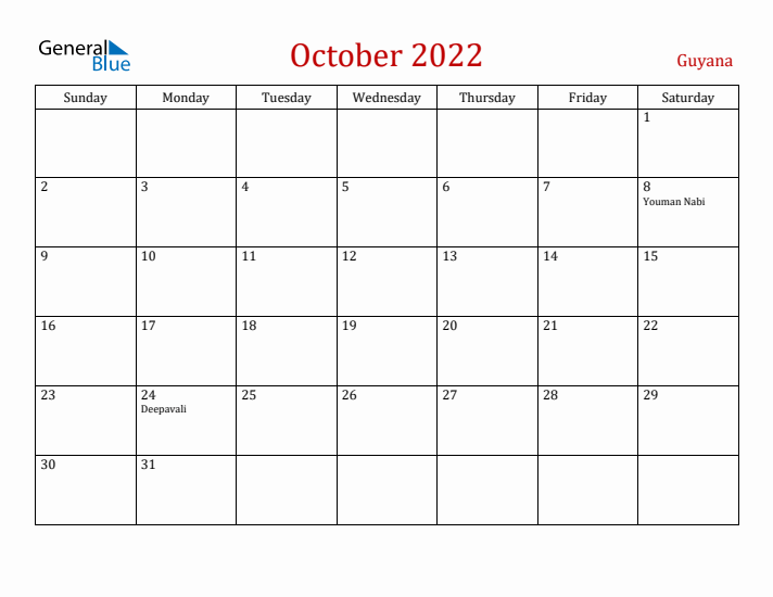 Guyana October 2022 Calendar - Sunday Start