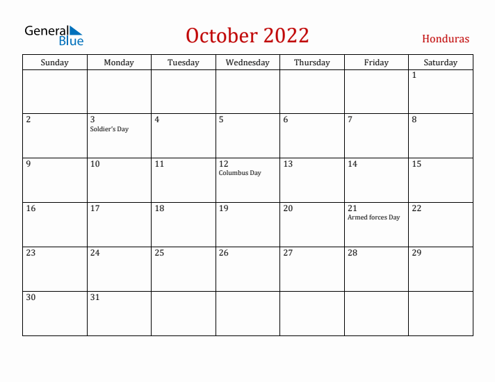 Honduras October 2022 Calendar - Sunday Start