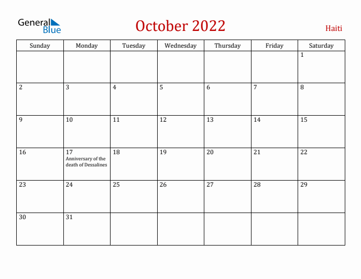 Haiti October 2022 Calendar - Sunday Start