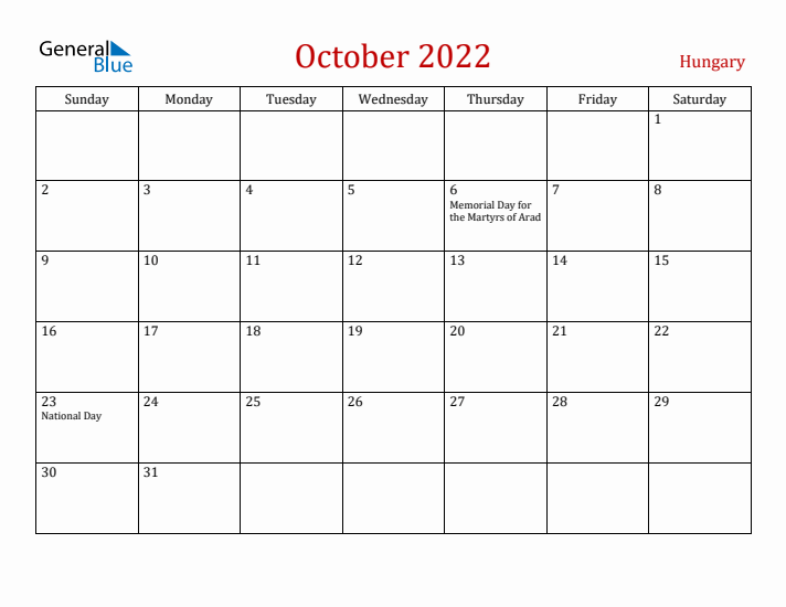 Hungary October 2022 Calendar - Sunday Start
