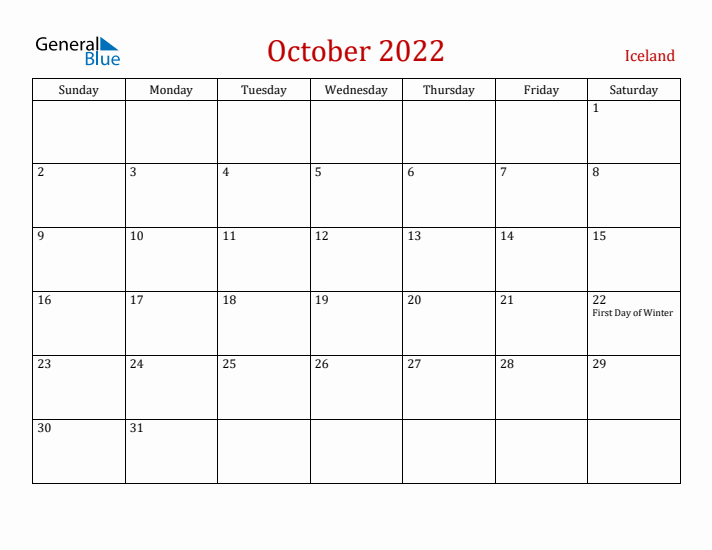 Iceland October 2022 Calendar - Sunday Start