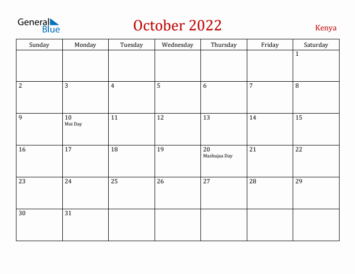 Kenya October 2022 Calendar - Sunday Start