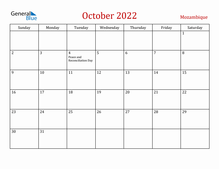 Mozambique October 2022 Calendar - Sunday Start