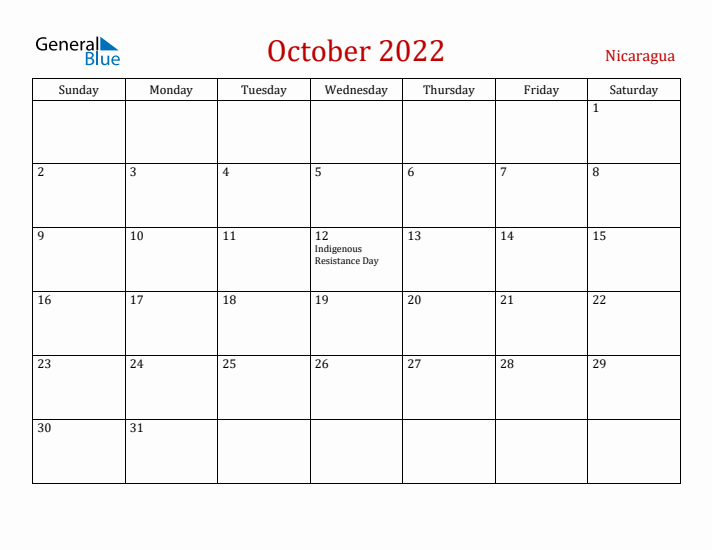 Nicaragua October 2022 Calendar - Sunday Start