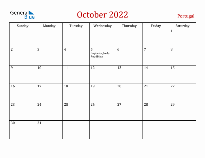 Portugal October 2022 Calendar - Sunday Start