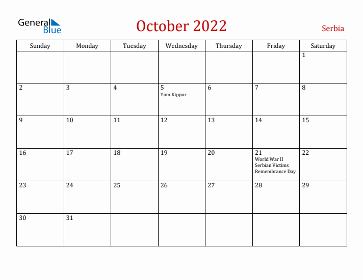 Serbia October 2022 Calendar - Sunday Start