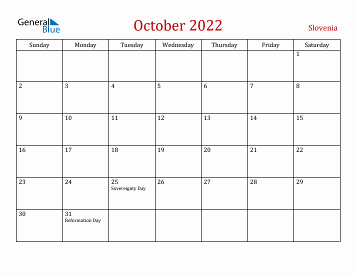 Slovenia October 2022 Calendar - Sunday Start