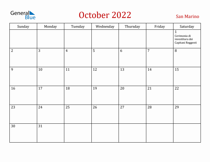 San Marino October 2022 Calendar - Sunday Start