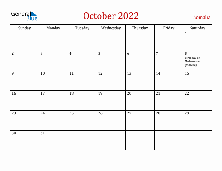 Somalia October 2022 Calendar - Sunday Start