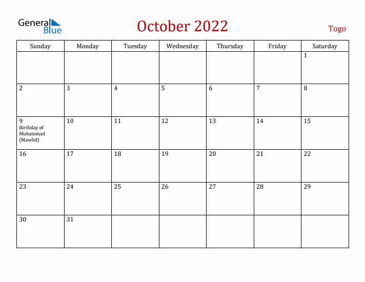 Togo October 2022 Calendar - Sunday Start