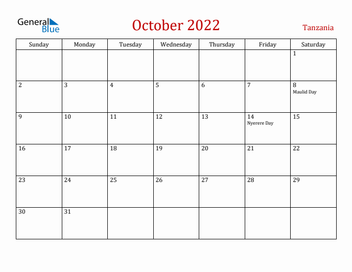 Tanzania October 2022 Calendar - Sunday Start