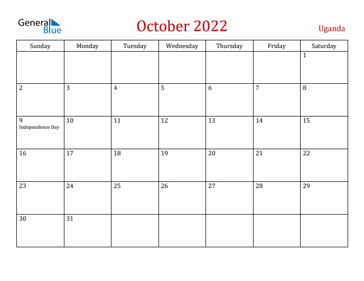 Uganda October 2022 Calendar - Sunday Start