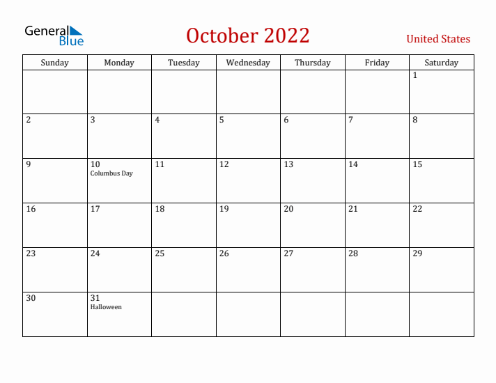United States October 2022 Calendar - Sunday Start