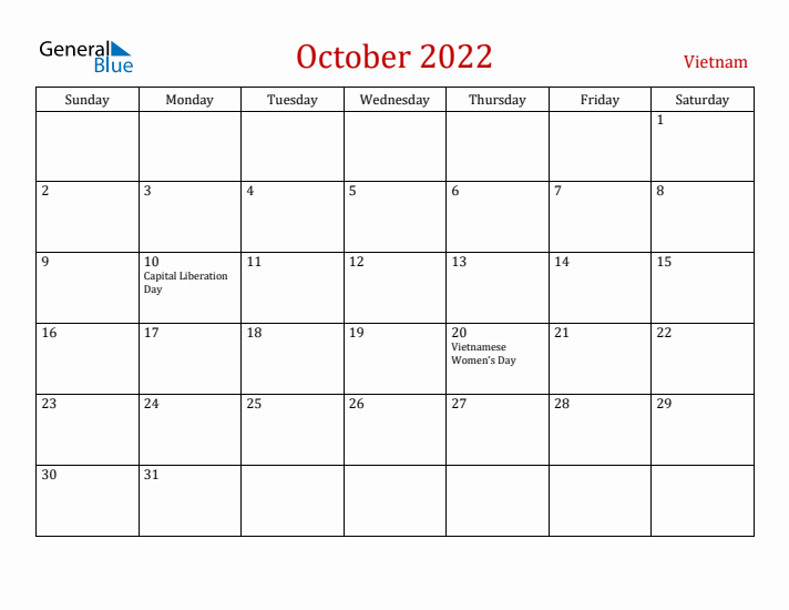 Vietnam October 2022 Calendar - Sunday Start