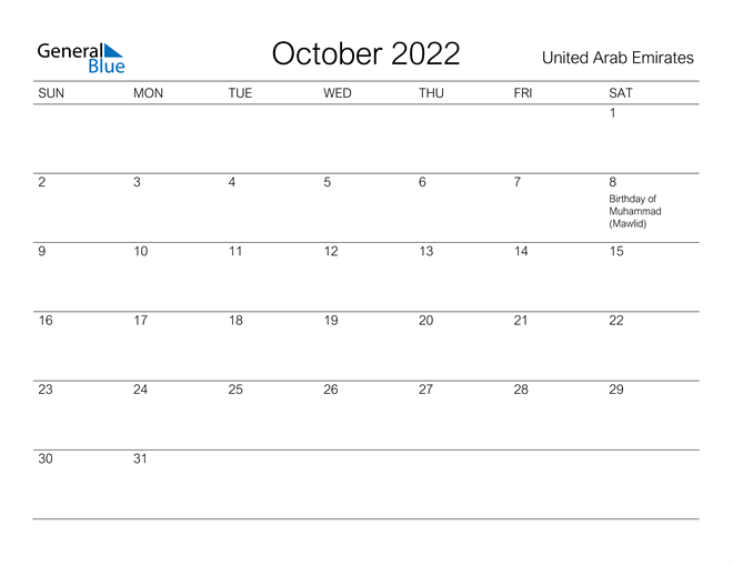 Printable October 2022 Calendar for United Arab Emirates