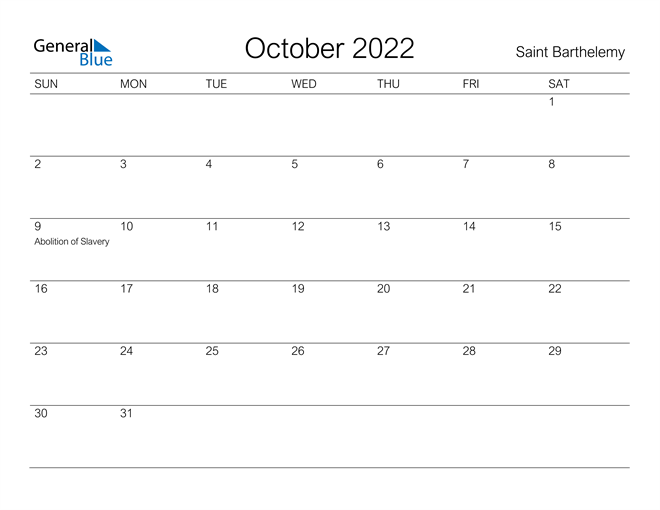 Printable October 2022 Calendar for Saint Barthelemy