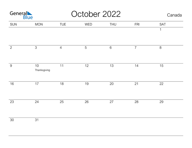 Printable October 2022 Calendar for Canada