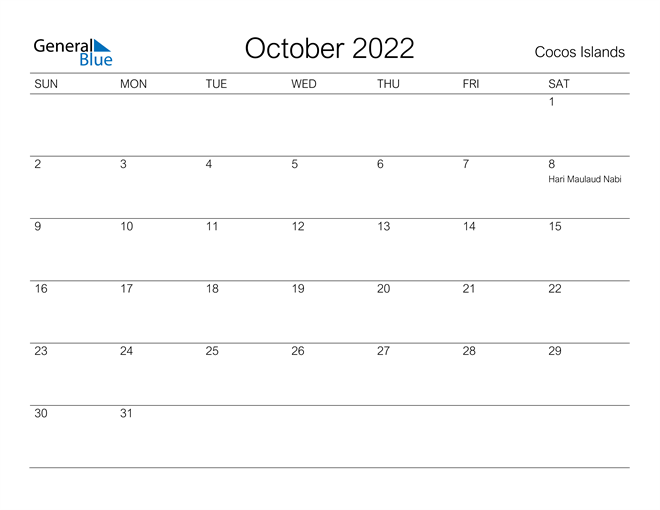 Printable October 2022 Calendar for Cocos Islands