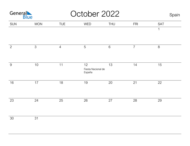 Printable October 2022 Calendar for Spain