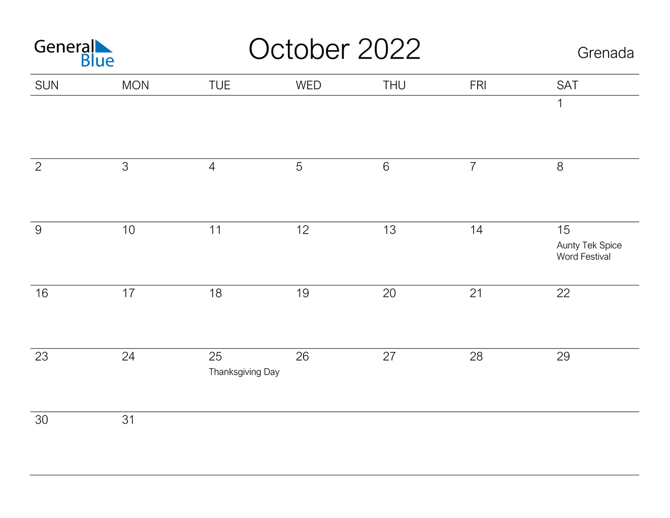 Grenada October 2022 Calendar with Holidays