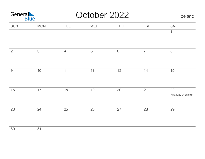 Printable October 2022 Calendar for Iceland
