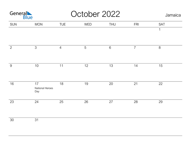Printable October 2022 Calendar for Jamaica