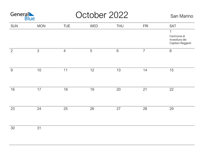 Printable October 2022 Calendar for San Marino