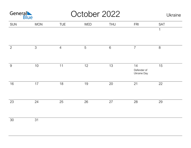Printable October 2022 Calendar for Ukraine
