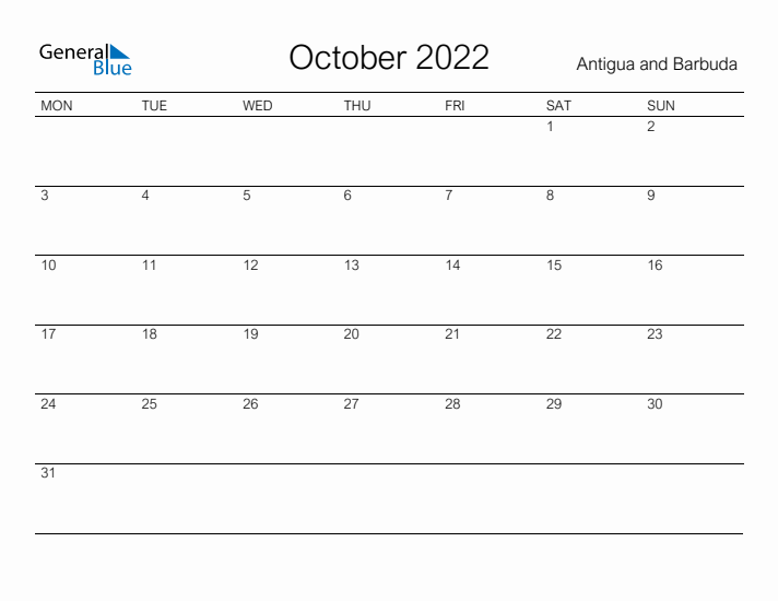 Printable October 2022 Calendar for Antigua and Barbuda