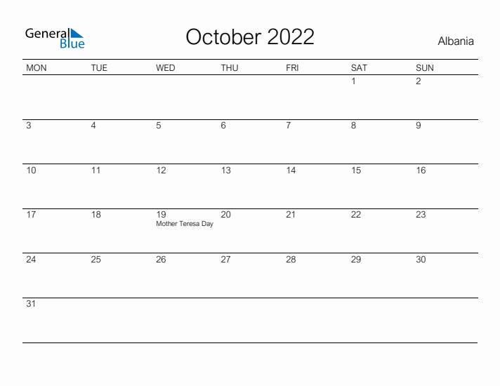 Printable October 2022 Calendar for Albania