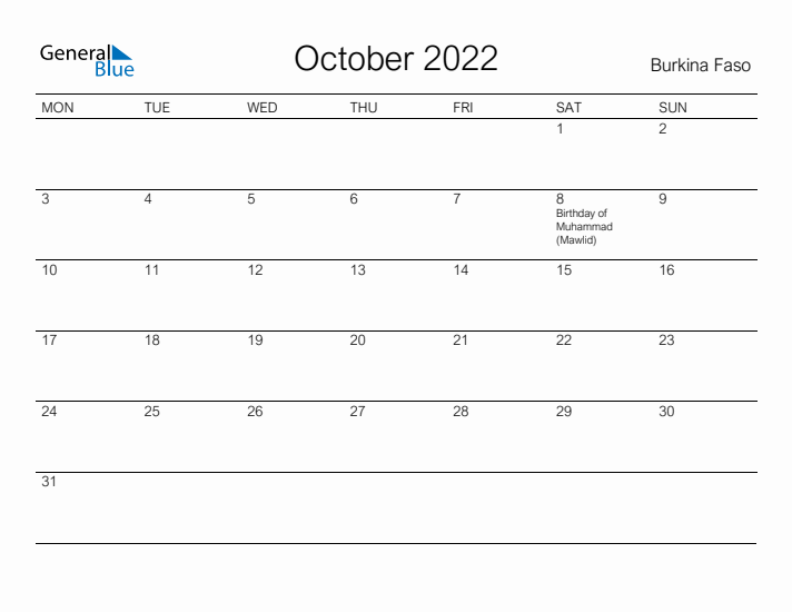 Printable October 2022 Calendar for Burkina Faso
