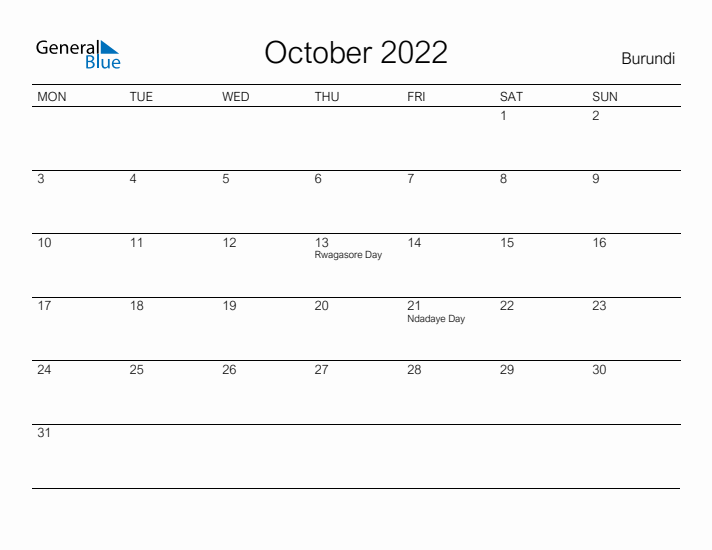 Printable October 2022 Calendar for Burundi