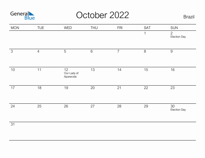 Printable October 2022 Calendar for Brazil