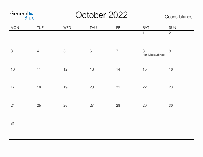 Printable October 2022 Calendar for Cocos Islands