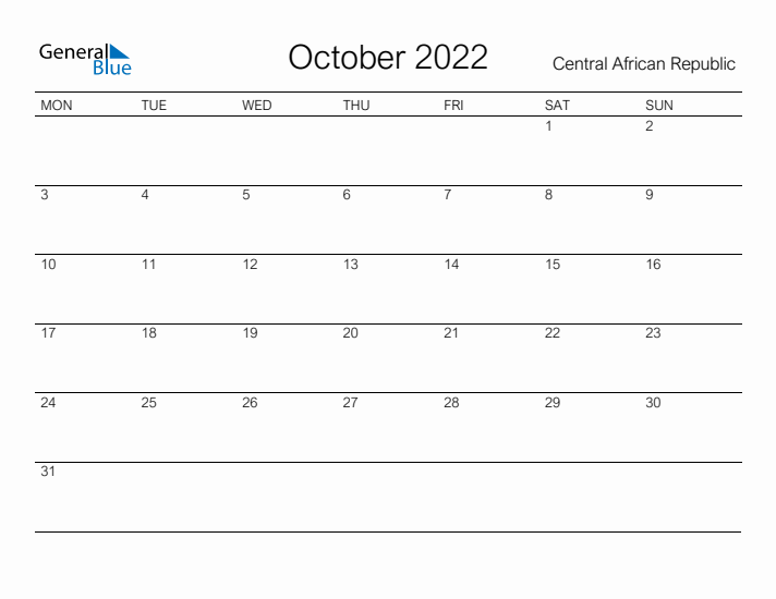 Printable October 2022 Calendar for Central African Republic