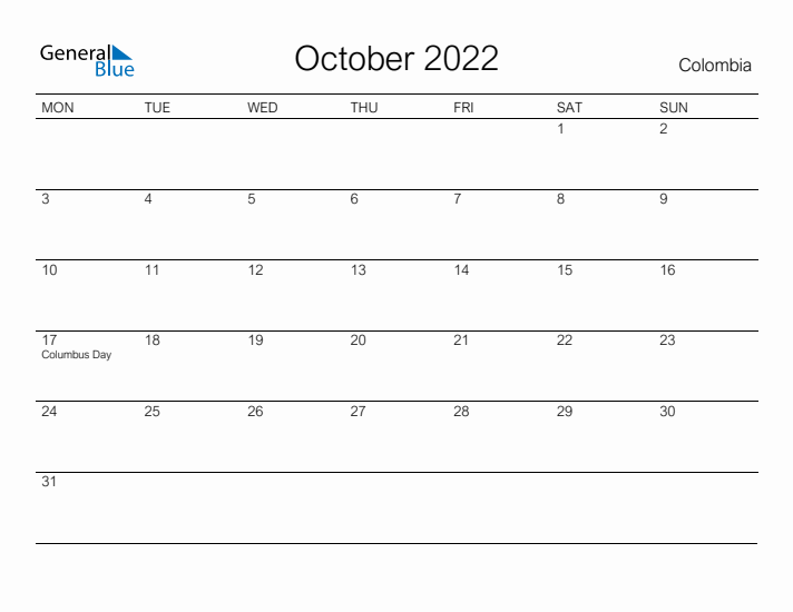 Printable October 2022 Calendar for Colombia