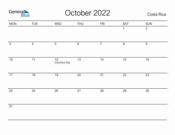 Printable October 2022 Calendar for Costa Rica