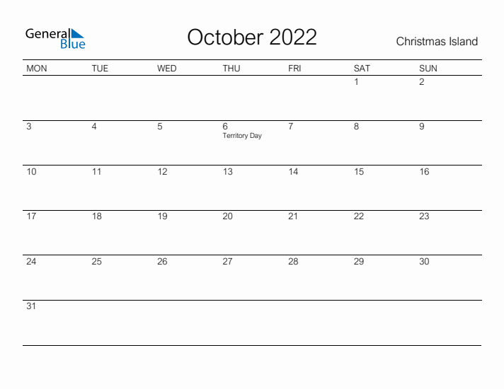 Printable October 2022 Calendar for Christmas Island