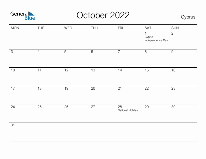 Printable October 2022 Calendar for Cyprus