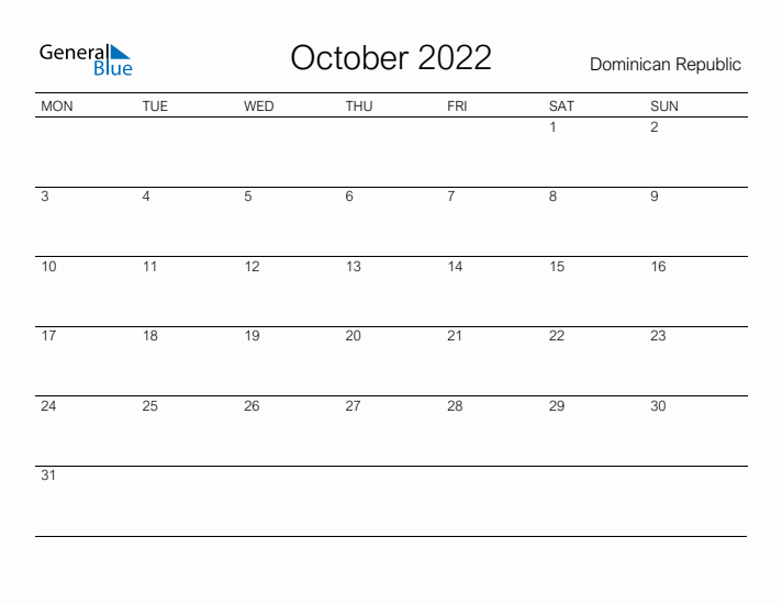 Printable October 2022 Calendar for Dominican Republic